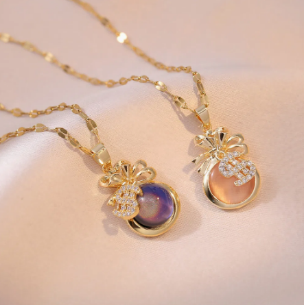 Stainless Steel Cat Eye Money Bag Opal Pendant Necklace