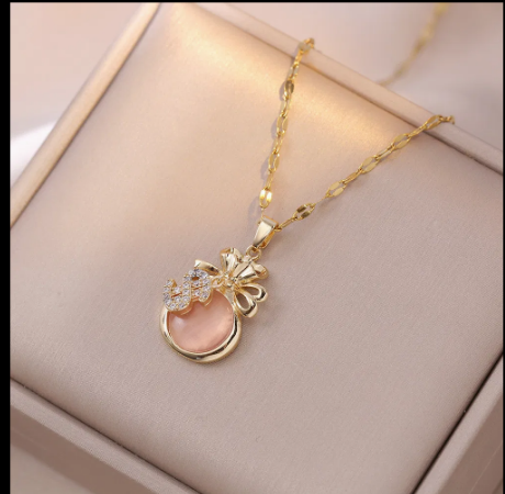 Stainless Steel Cat Eye Money Bag Opal Pendant Necklace