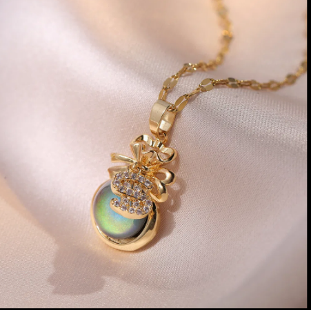 Stainless Steel Cat Eye Money Bag Opal Pendant Necklace