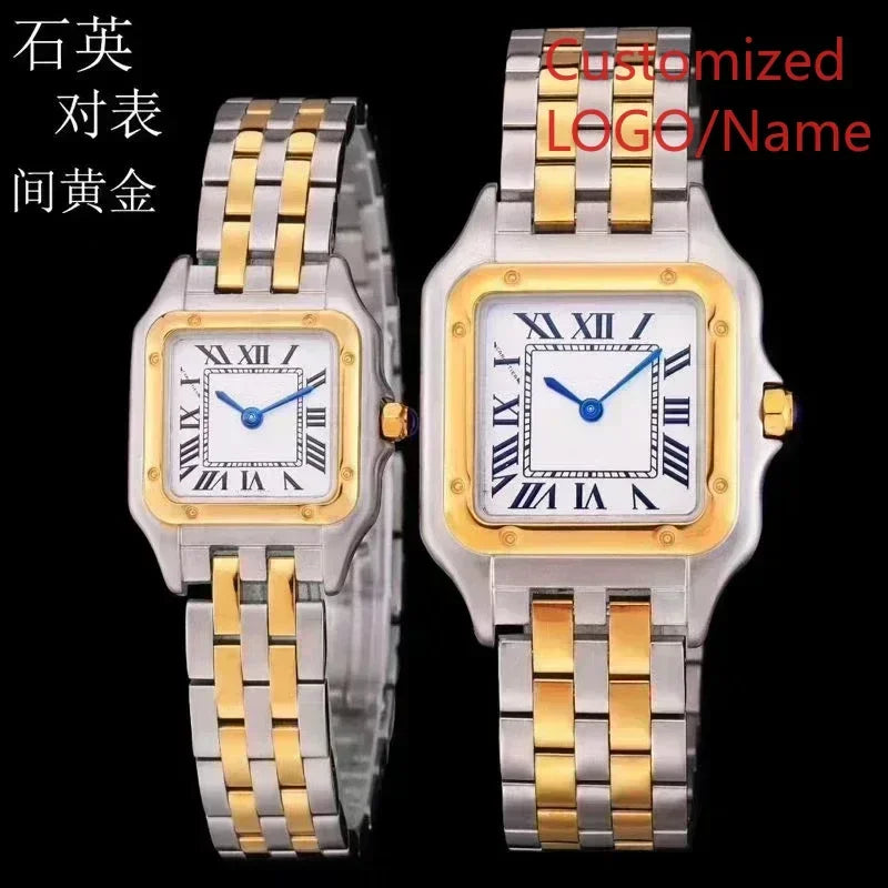 Stylish Panthere Inspired Couple Watch Precise Quartz Movement Elegant Yellow Gold Diamond Bezel Wear Resistant Silver Stainless