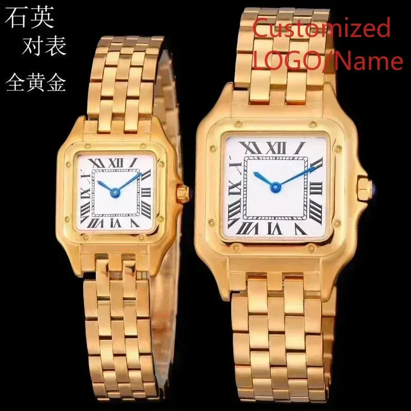 Stylish Panthere Inspired Couple Watch Precise Quartz Movement Elegant Yellow Gold Diamond Bezel Wear Resistant Silver Stainless