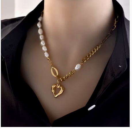 Women Chunky Fashion Jewelry Patchwork Chain Heart Pendant Baroque Freshwater Pearl Necklace
