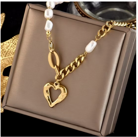 Women Chunky Fashion Jewelry Patchwork Chain Heart Pendant Baroque Freshwater Pearl Necklace