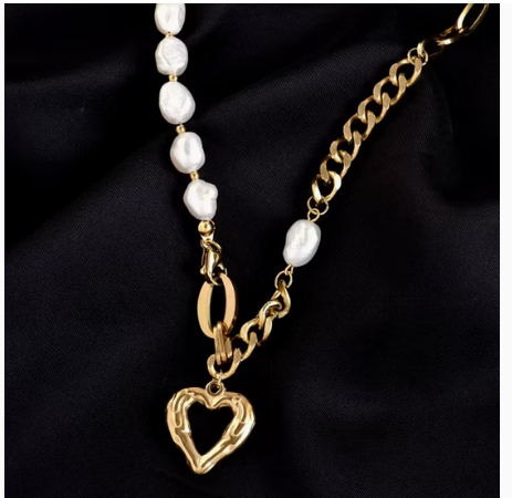 Women Chunky Fashion Jewelry Patchwork Chain Heart Pendant Baroque Freshwater Pearl Necklace