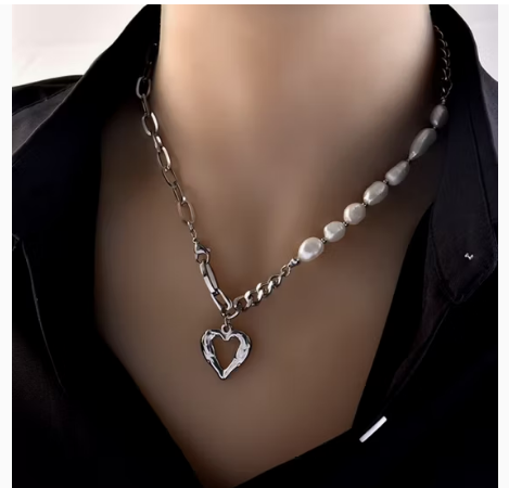Women Chunky Fashion Jewelry Patchwork Chain Heart Pendant Baroque Freshwater Pearl Necklace