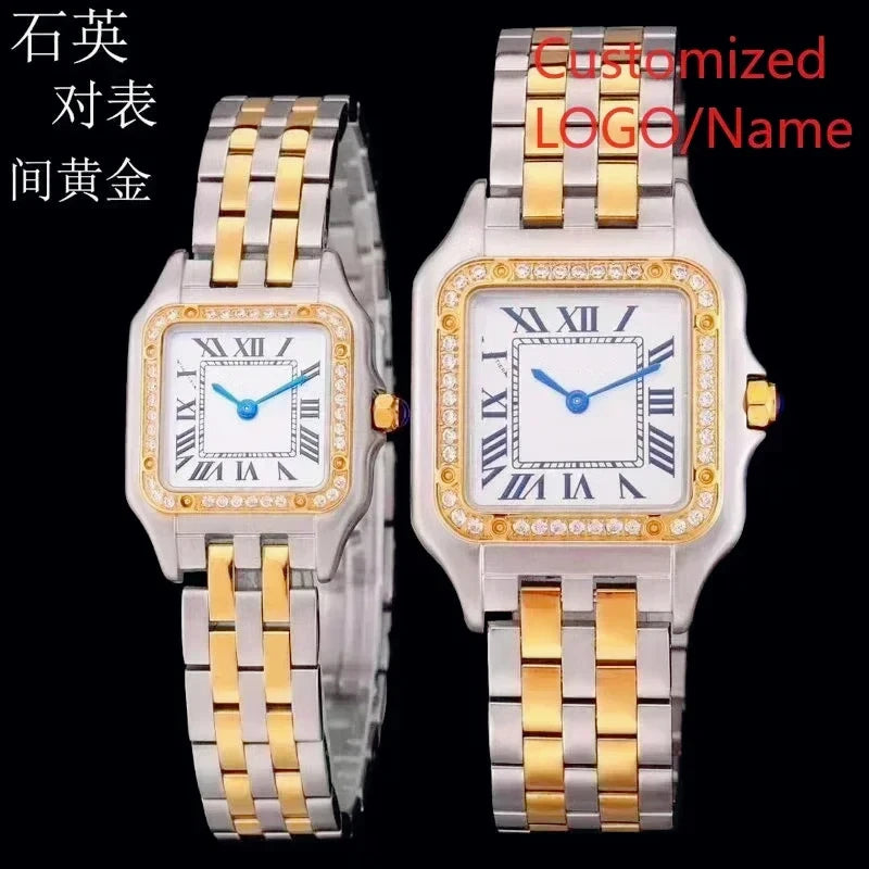 Stylish Panthere Inspired Couple Watch Precise Quartz Movement Elegant Yellow Gold Diamond Bezel Wear Resistant Silver Stainless