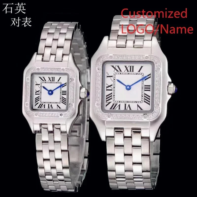Stylish Panthere Inspired Couple Watch Precise Quartz Movement Elegant Yellow Gold Diamond Bezel Wear Resistant Silver Stainless
